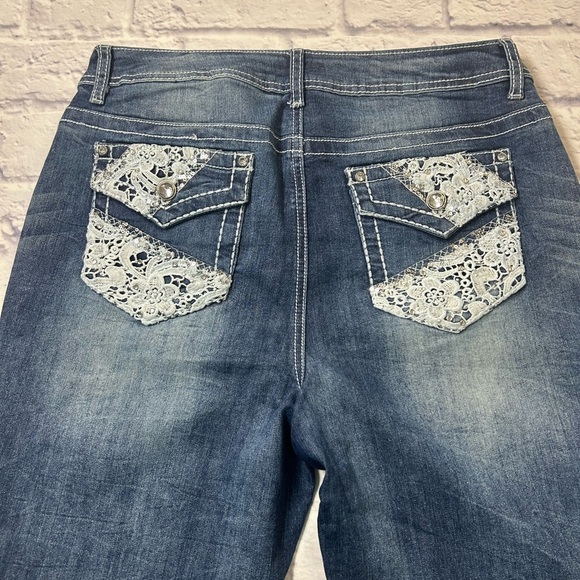 Cato Premium Dark Blue Flare Jeans w/ Lace and Rhinestone Detail. - Picture 3 of 8